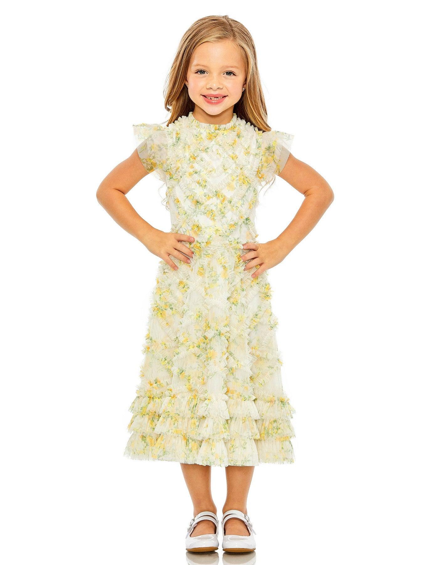 Flower Girl Dresses Little Girls Cap Sleeve Chiffon Midi Length Dress Yellow Multi