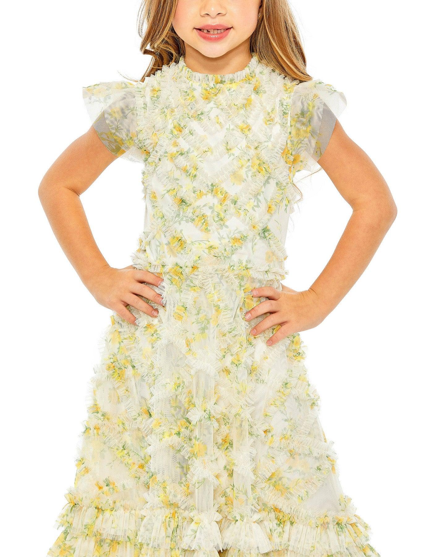 Flower Girl Dresses Little Girls Cap Sleeve Chiffon Midi Length Dress Yellow Multi