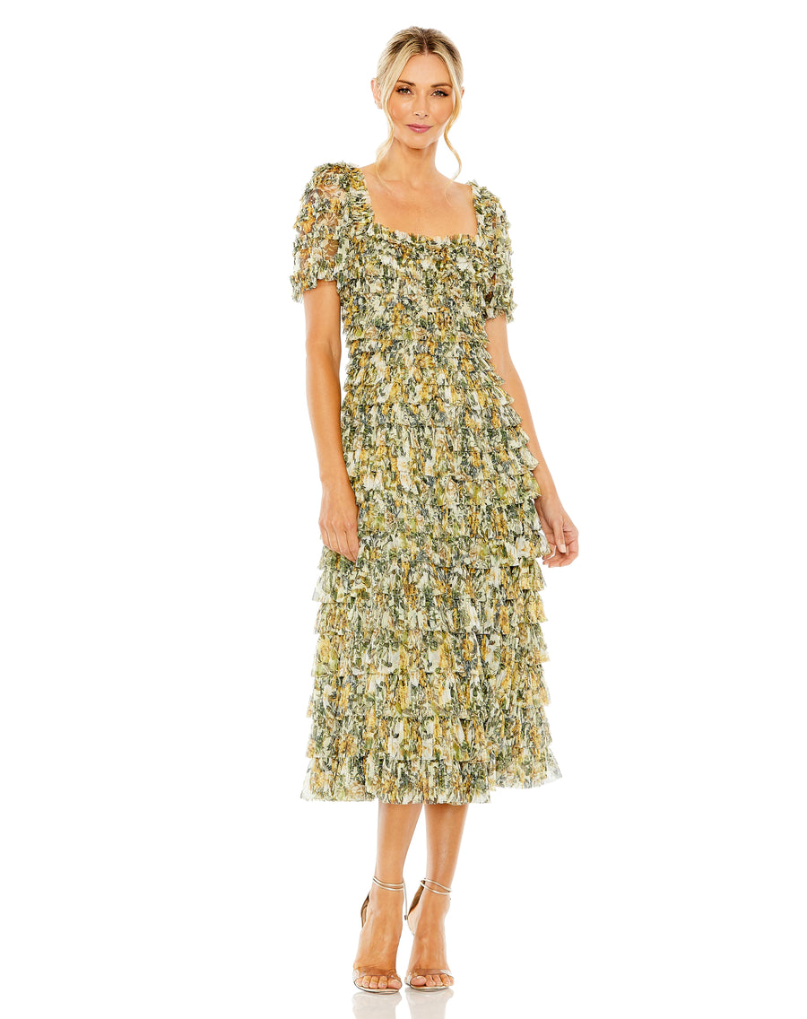 Cocktail Dresses Micro Ruffle Cocktail Tea Length Dress Gold Multi