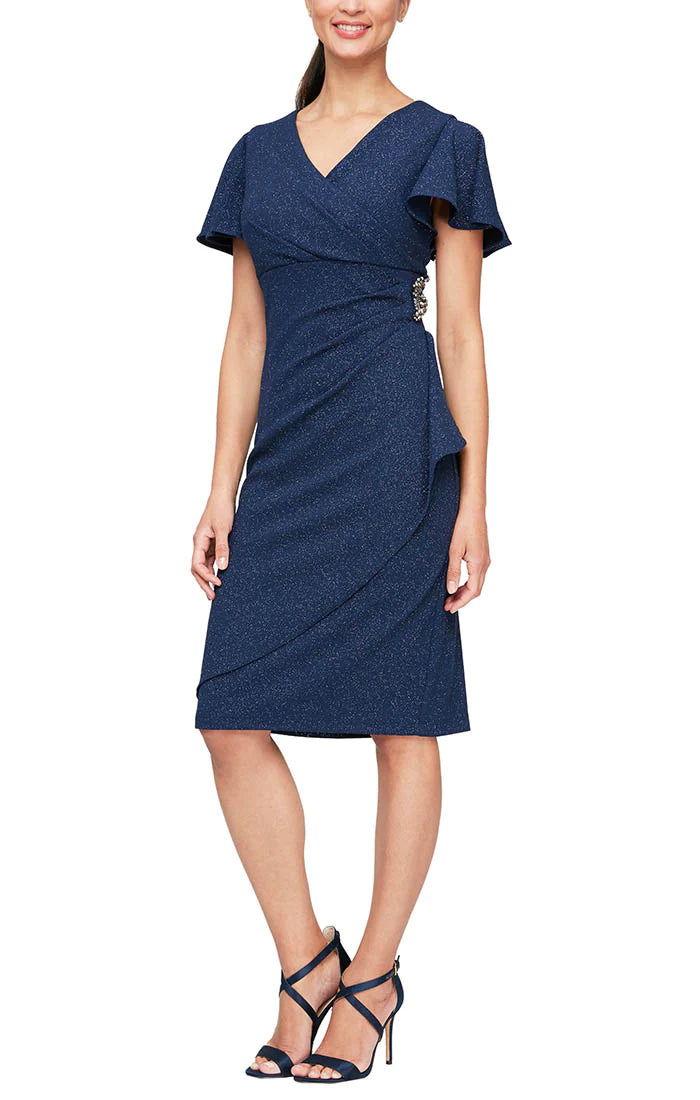 Mother of the Bride Dresses Metallic Knit Sheath Short Dress Navy