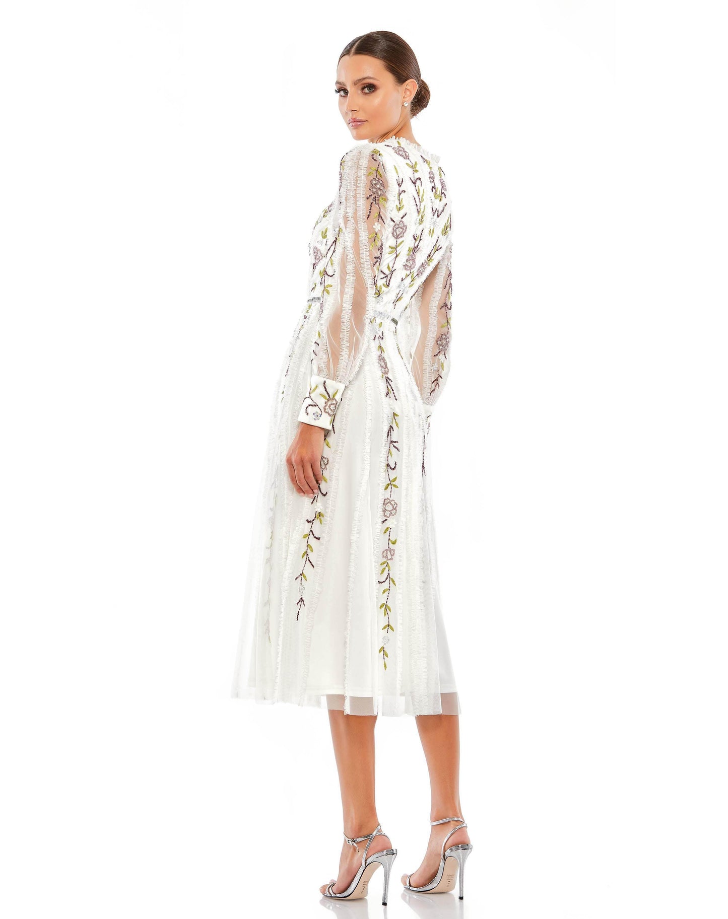 Formal Dresses Long Sleeve Tea Length Formal Dress Ivory Multi