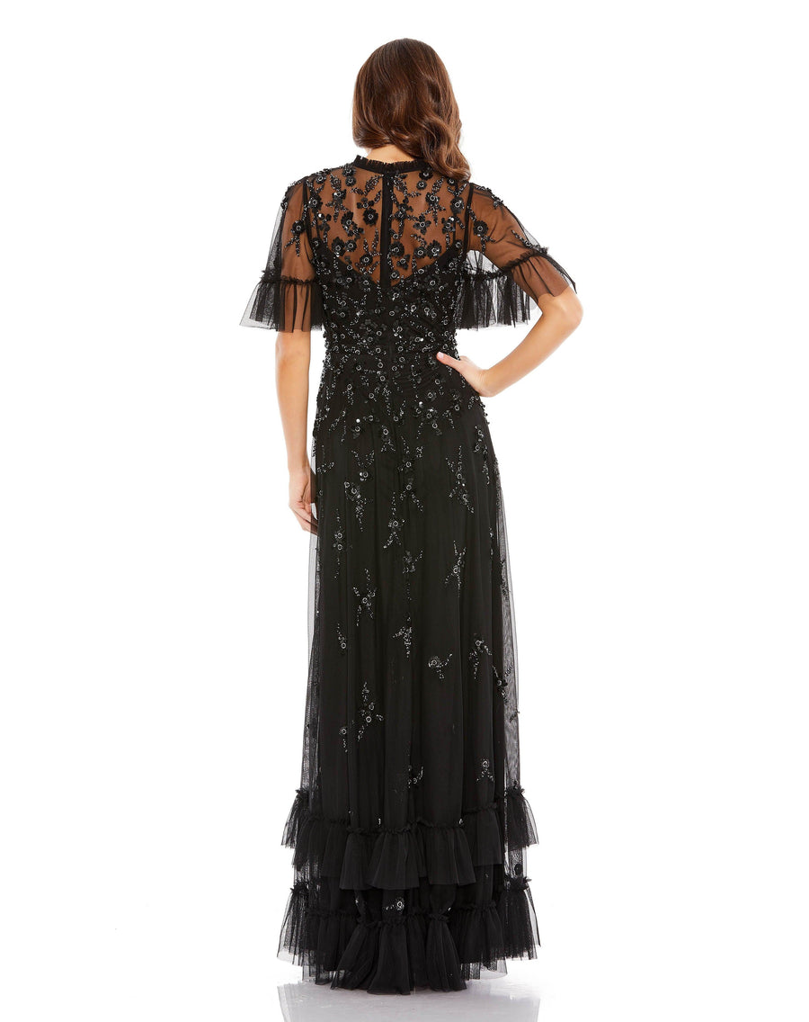 Formal Dresses Long Formal Beaded Short Sleeve Dress Black