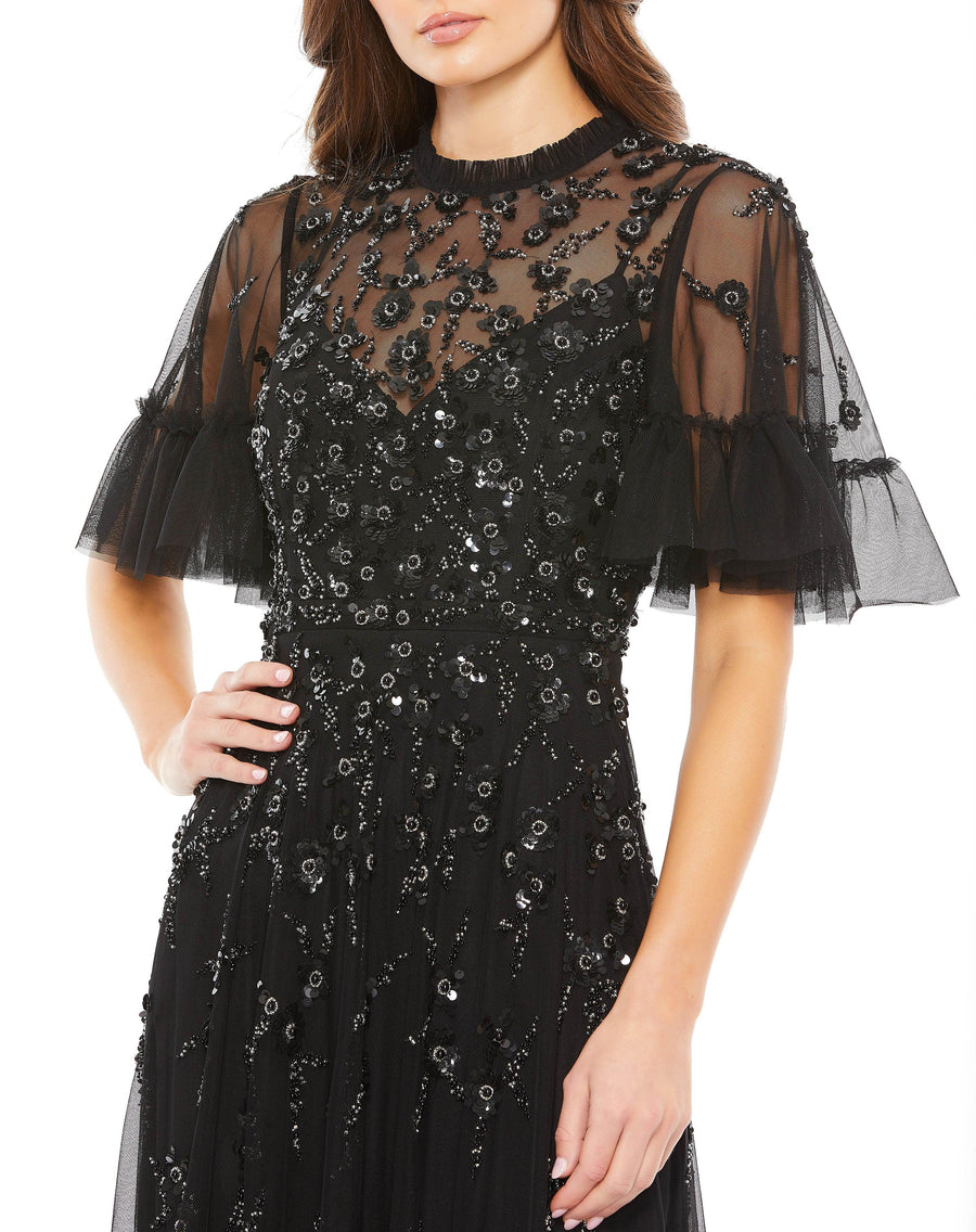 Formal Dresses Long Formal Beaded Short Sleeve Dress Black