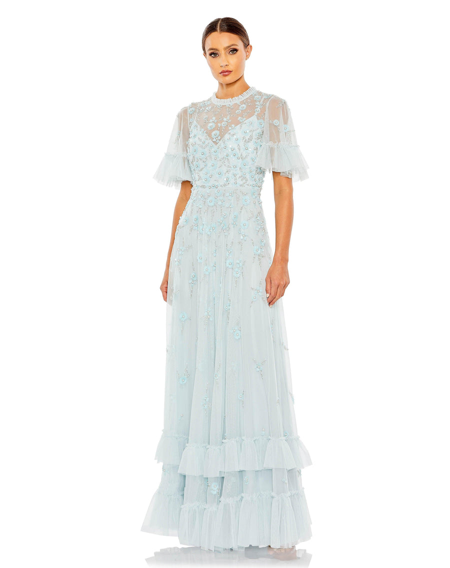 Formal Dresses Long Formal Beaded Short Sleeve Dress Powder Blue