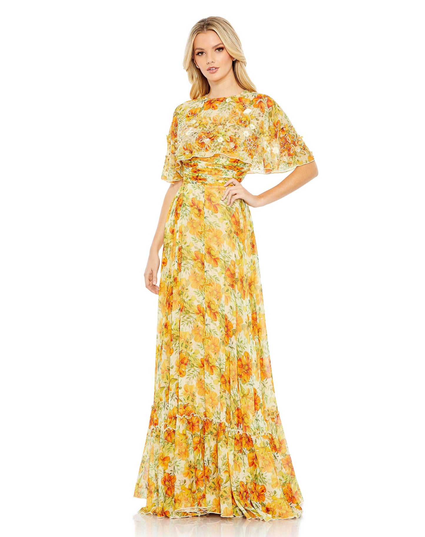 Formal Dresses Long Formal Floral Print Cape Sleeve Dress Yellow Multi