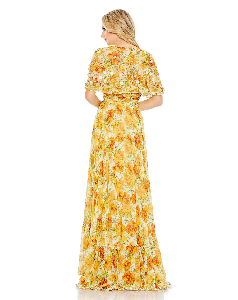 Formal Dresses Long Formal Floral Print Cape Sleeve Dress Yellow Multi