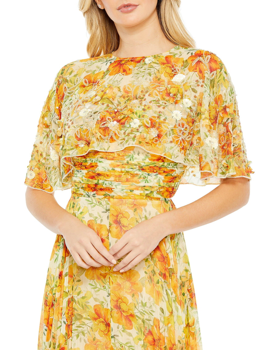 Formal Dresses Long Formal Floral Print Cape Sleeve Dress Yellow Multi