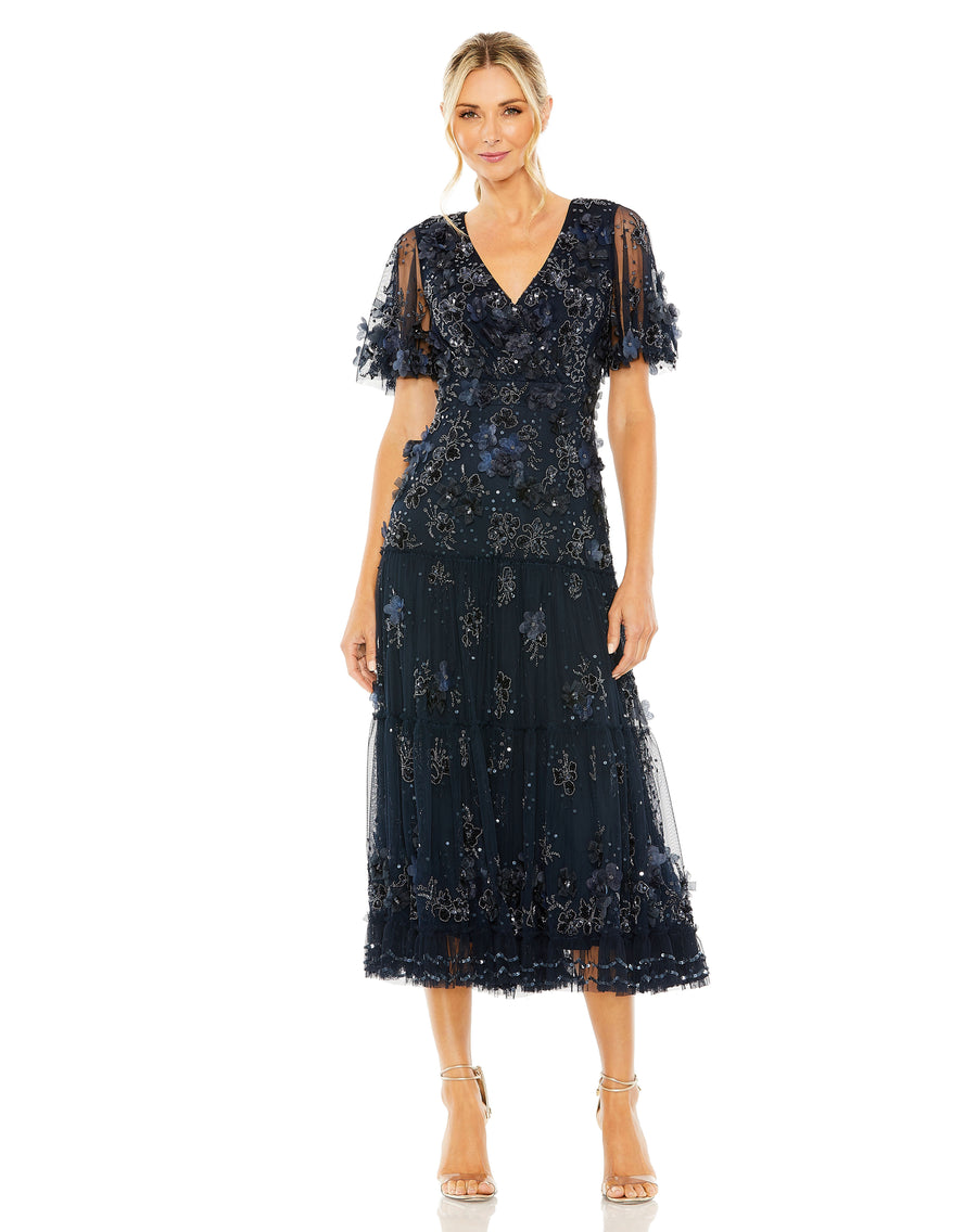 Cocktail Dresses Beaded Cocktail Tiered Midi Length Dress Midnight