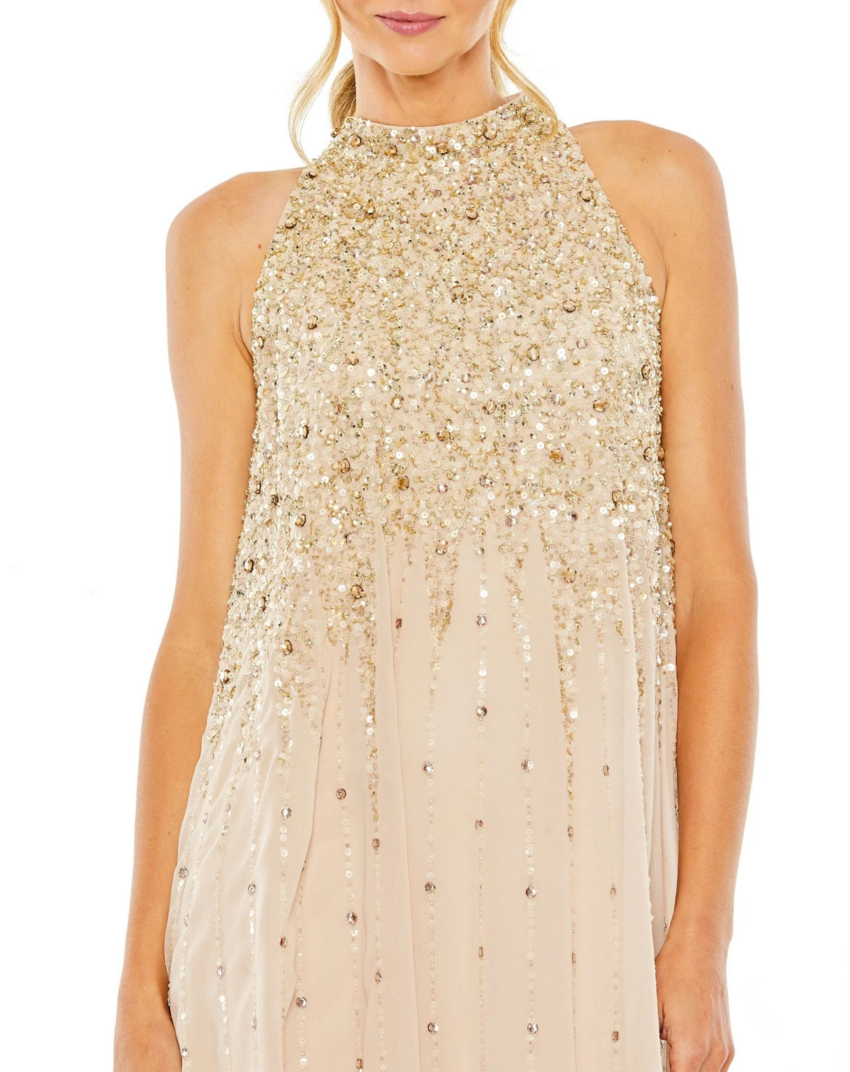 Cocktail Dresses Halter Sequin Embellished Trapeze A Line Short Dress Beige