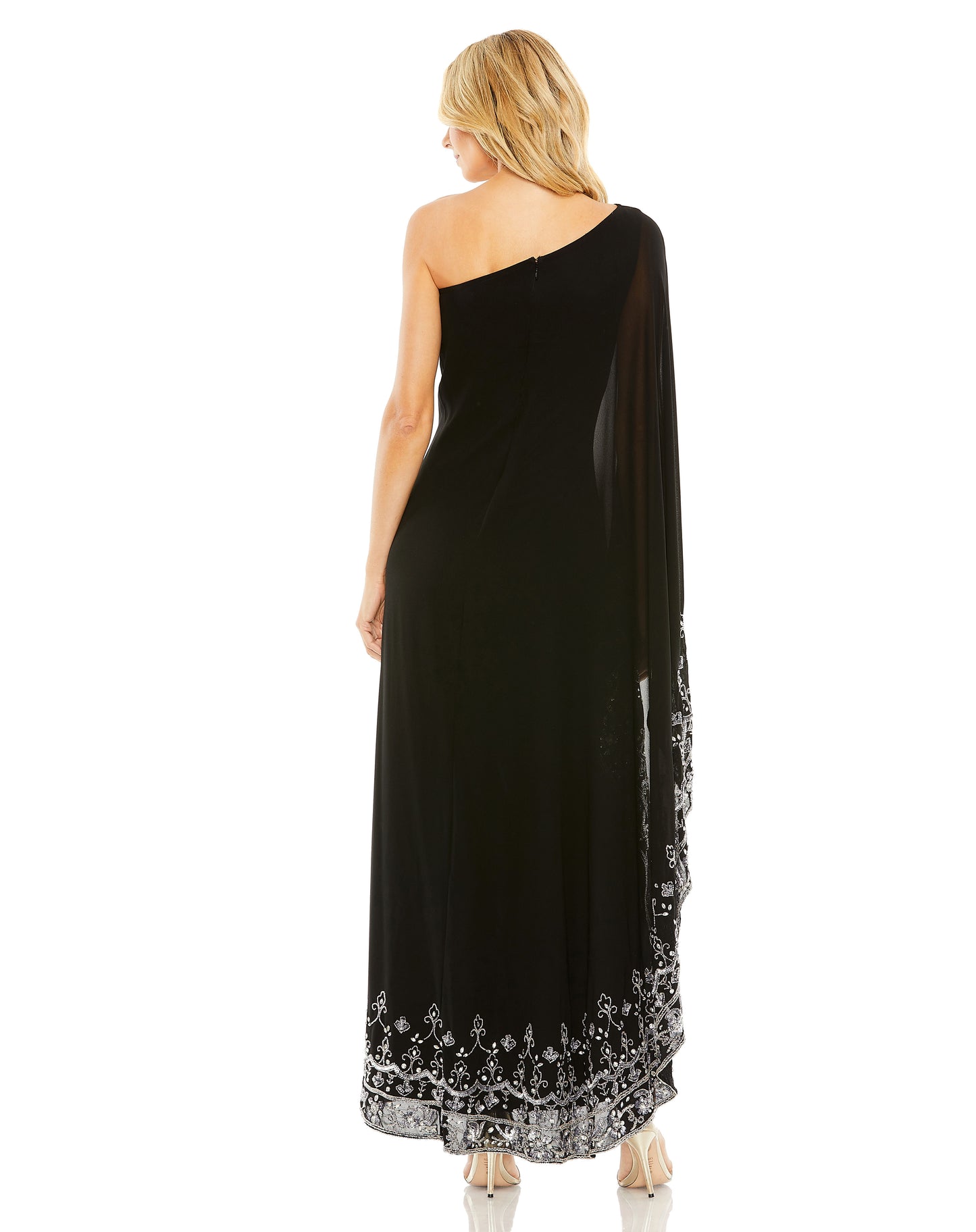 Formal Dresses Long Formal Cape Sleeve Evening Gown Black Silver