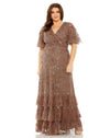 Plus Size Dresses Long Sequin Embellished Flutter Sleeve Faux Wrap V Neck Tiered Plus Size Dress Chocolate