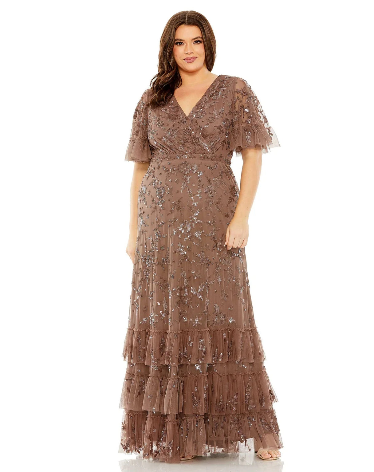 Plus Size Dresses Long Sequin Embellished Flutter Sleeve Faux Wrap V Neck Tiered Plus Size Dress Chocolate