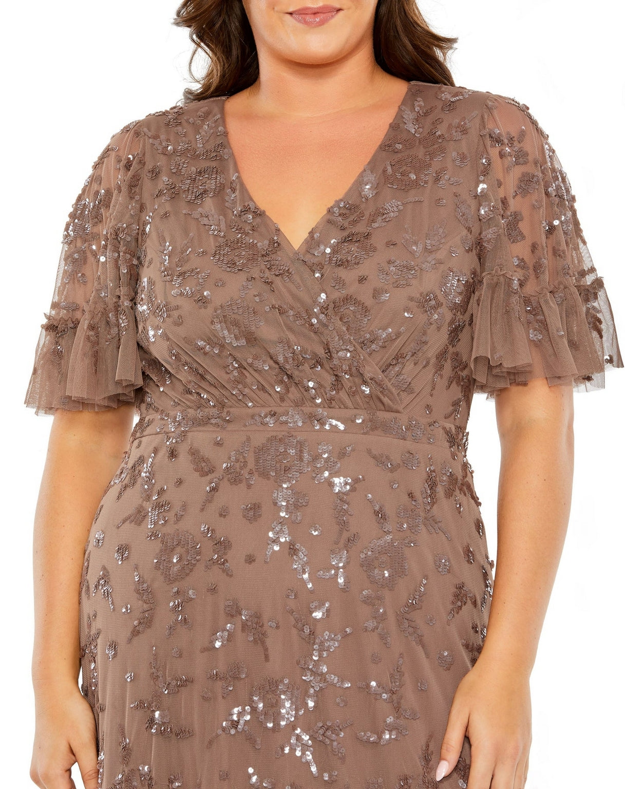 Plus Size Dresses Long Sequin Embellished Flutter Sleeve Faux Wrap V Neck Tiered Plus Size Dress Chocolate