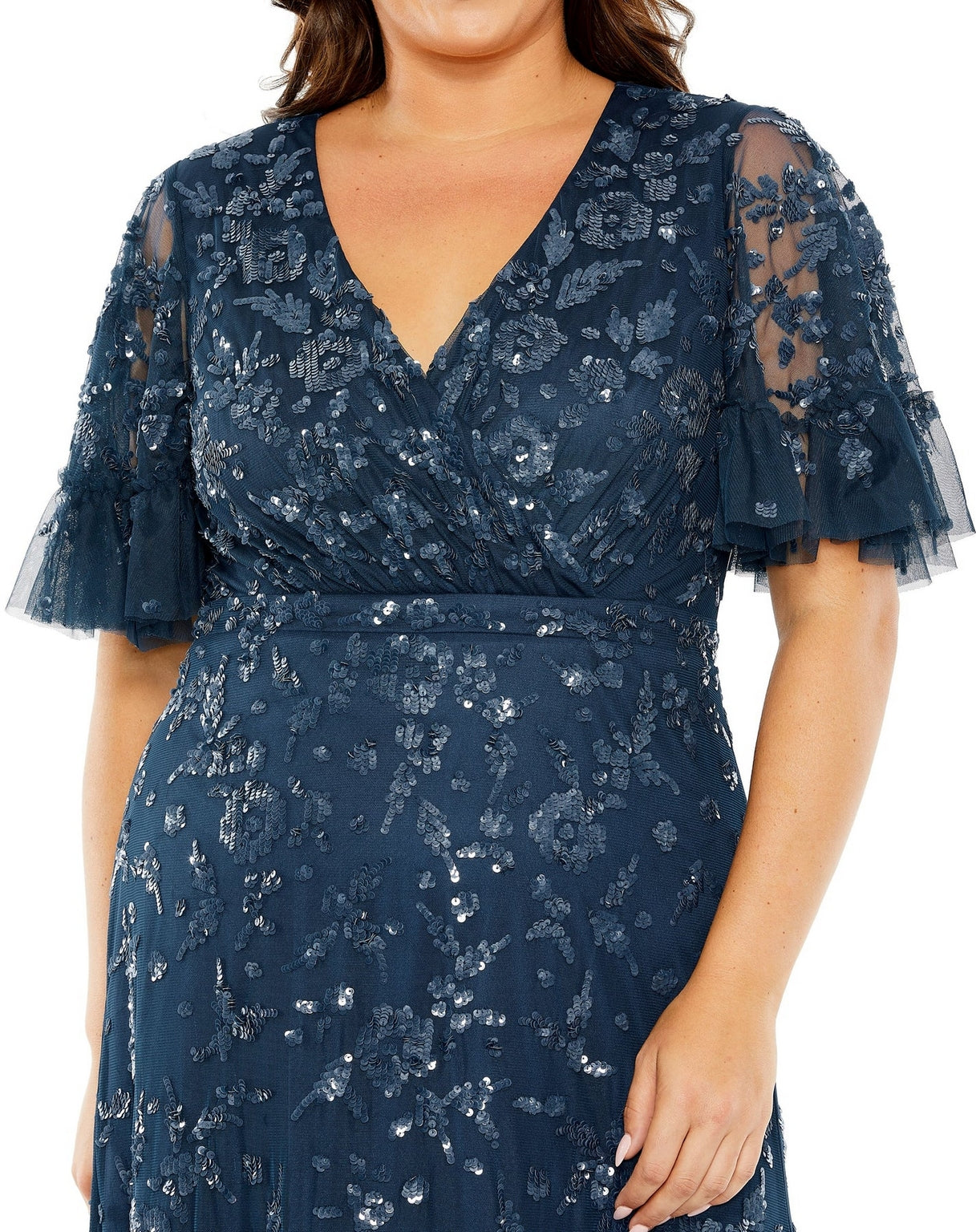 Plus Size Dresses Long Sequin Embellished Flutter Sleeve Faux Wrap V Neck Tiered Plus Size Dress Twilight