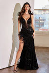 Formal Dresses Long Sequin Feathered Leg Slit Dress Black