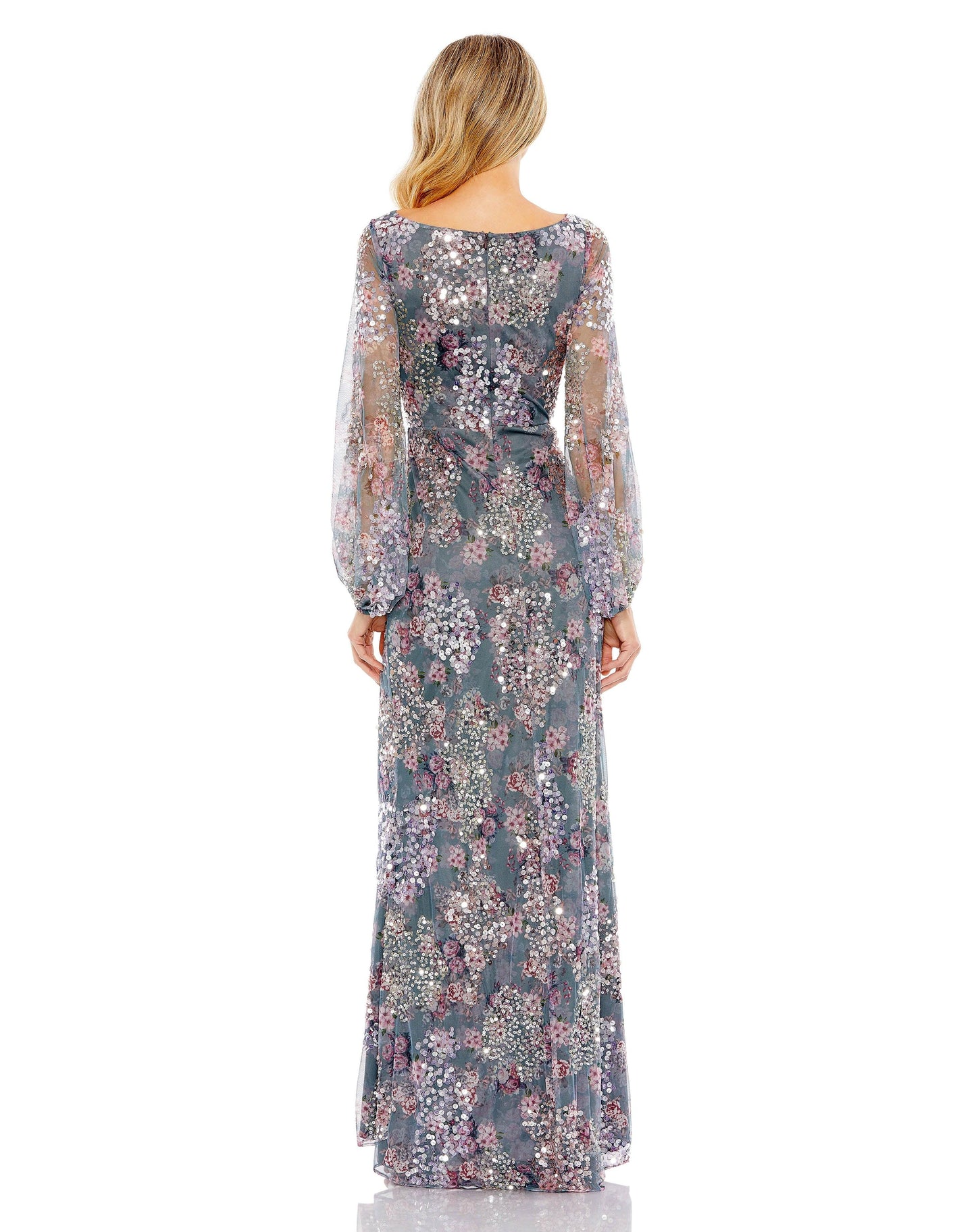 Formal Dresses Long Sleeve Formal Floral Print Gown Grey Multi