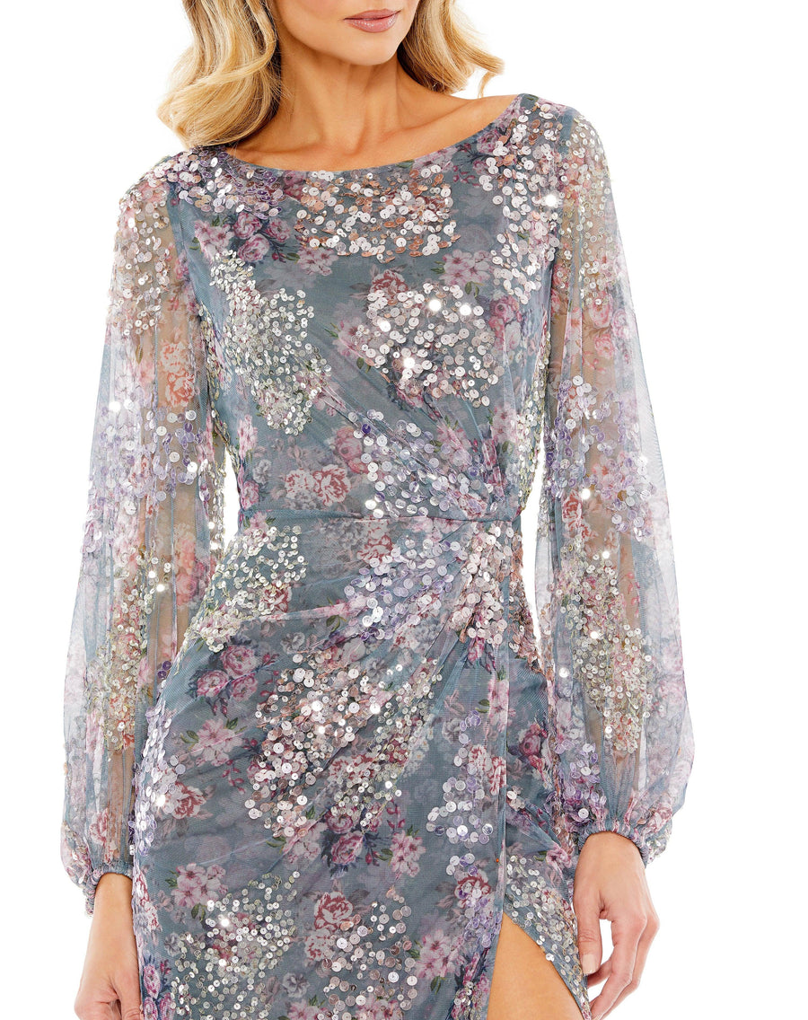 Formal Dresses Long Sleeve Formal Floral Print Gown Grey Multi