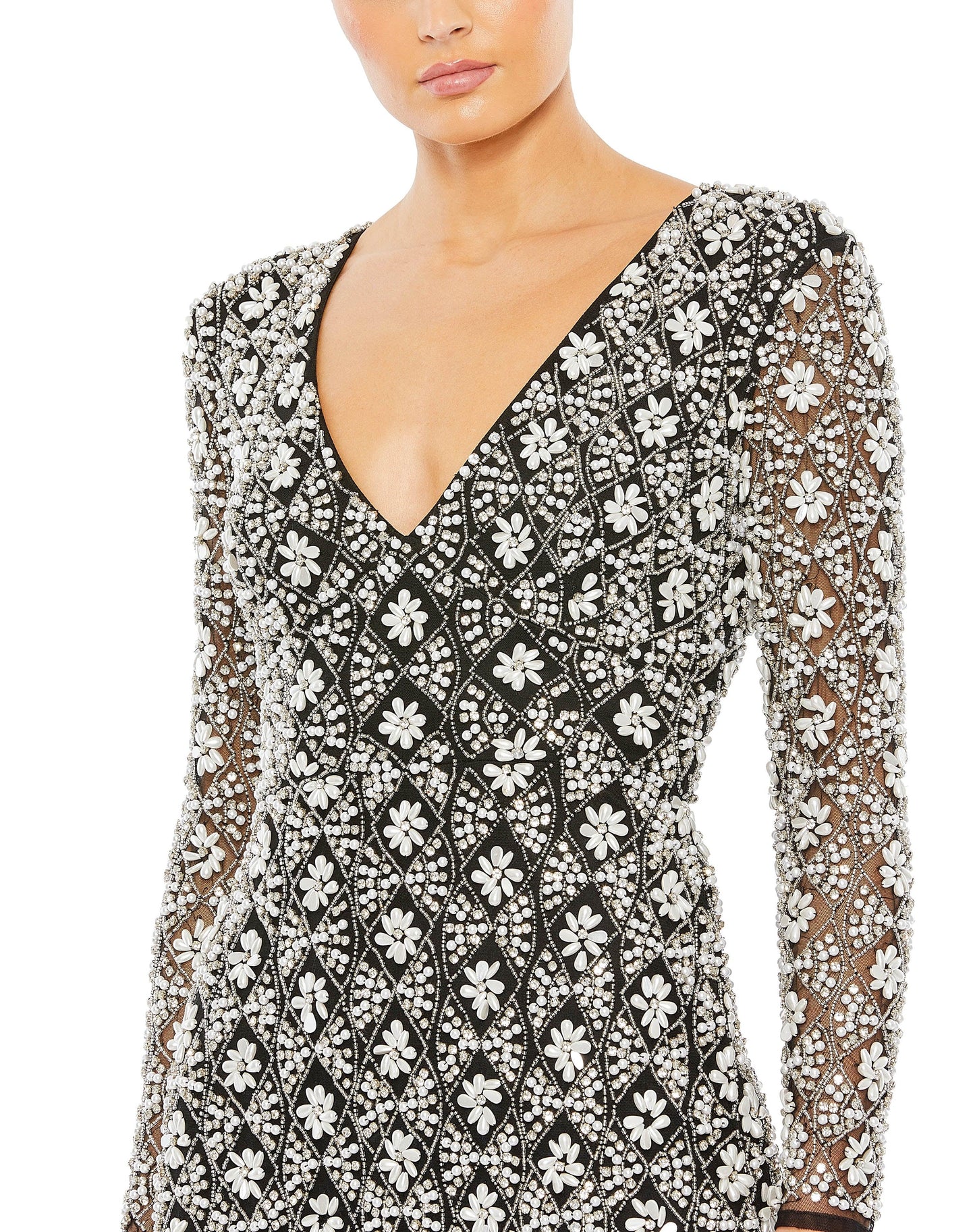 Formal Dresses Long Sleeve Beaded Floral Formal Dress Black Silver