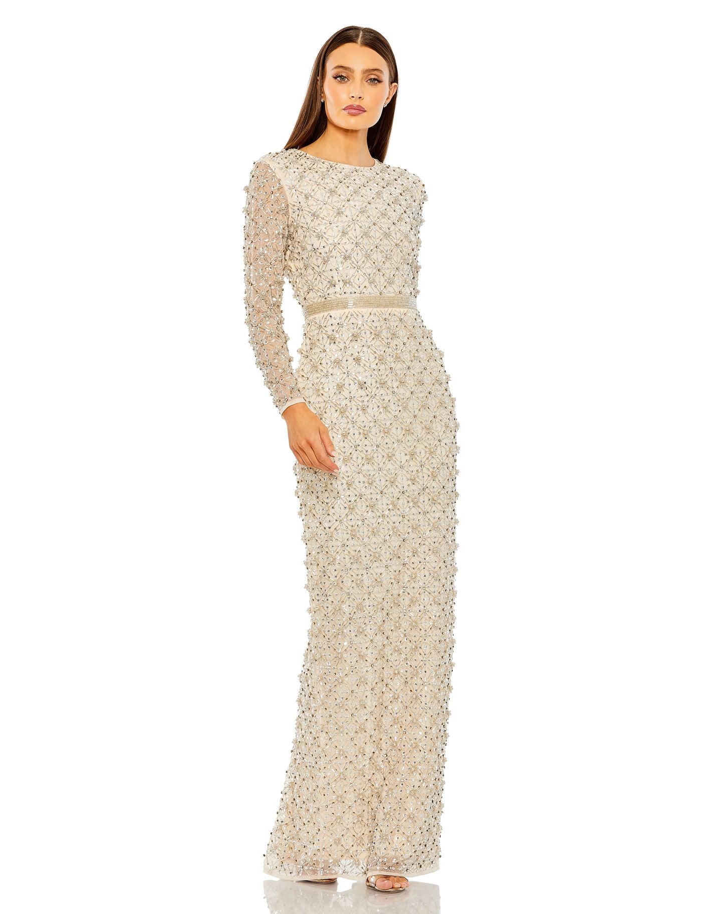 Formal Dresses Fitted Formal Beaded Long Sleeve Evening Dress Champagne