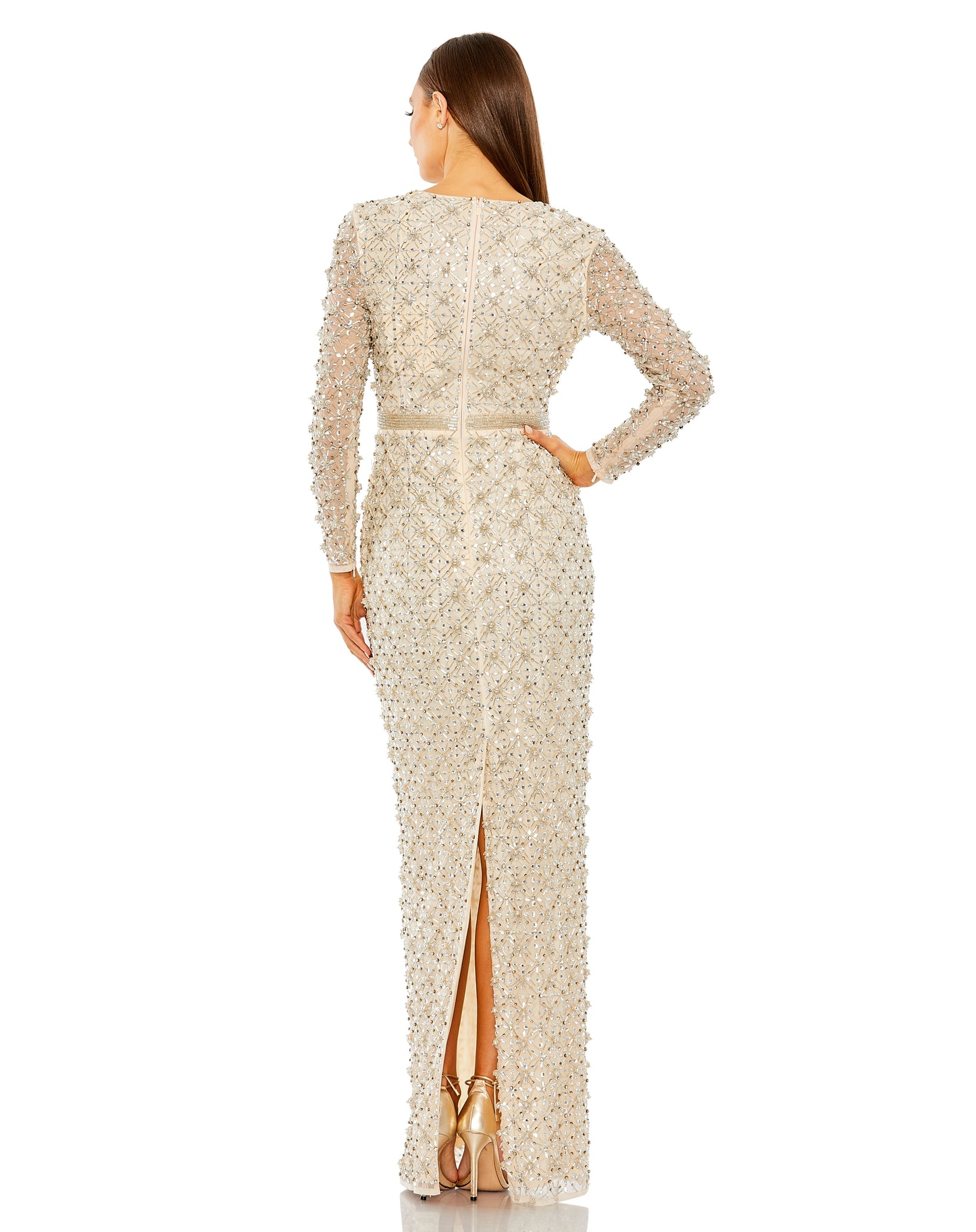 Formal Dresses Fitted Formal Beaded Long Sleeve Evening Dress Champagne