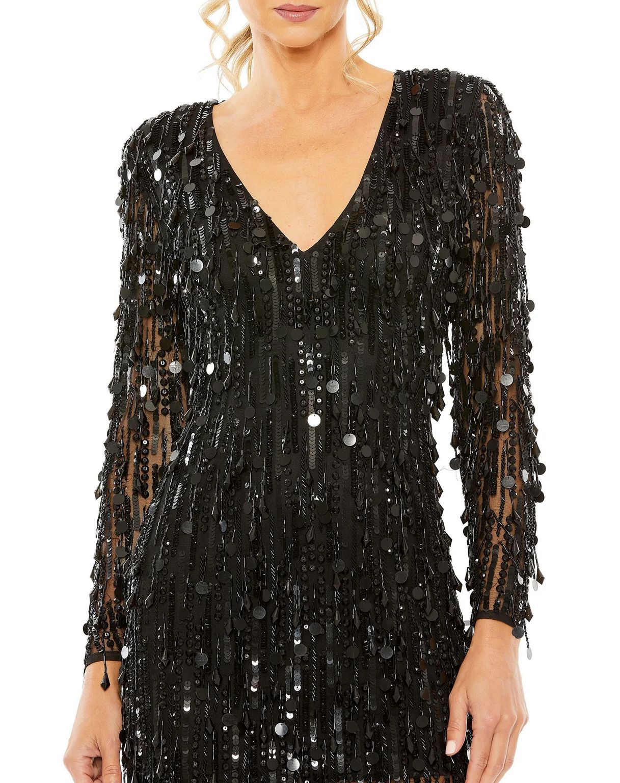 Cocktail Dresses Long Sleeve Beaded Fringe Plunge Neck Dress Black