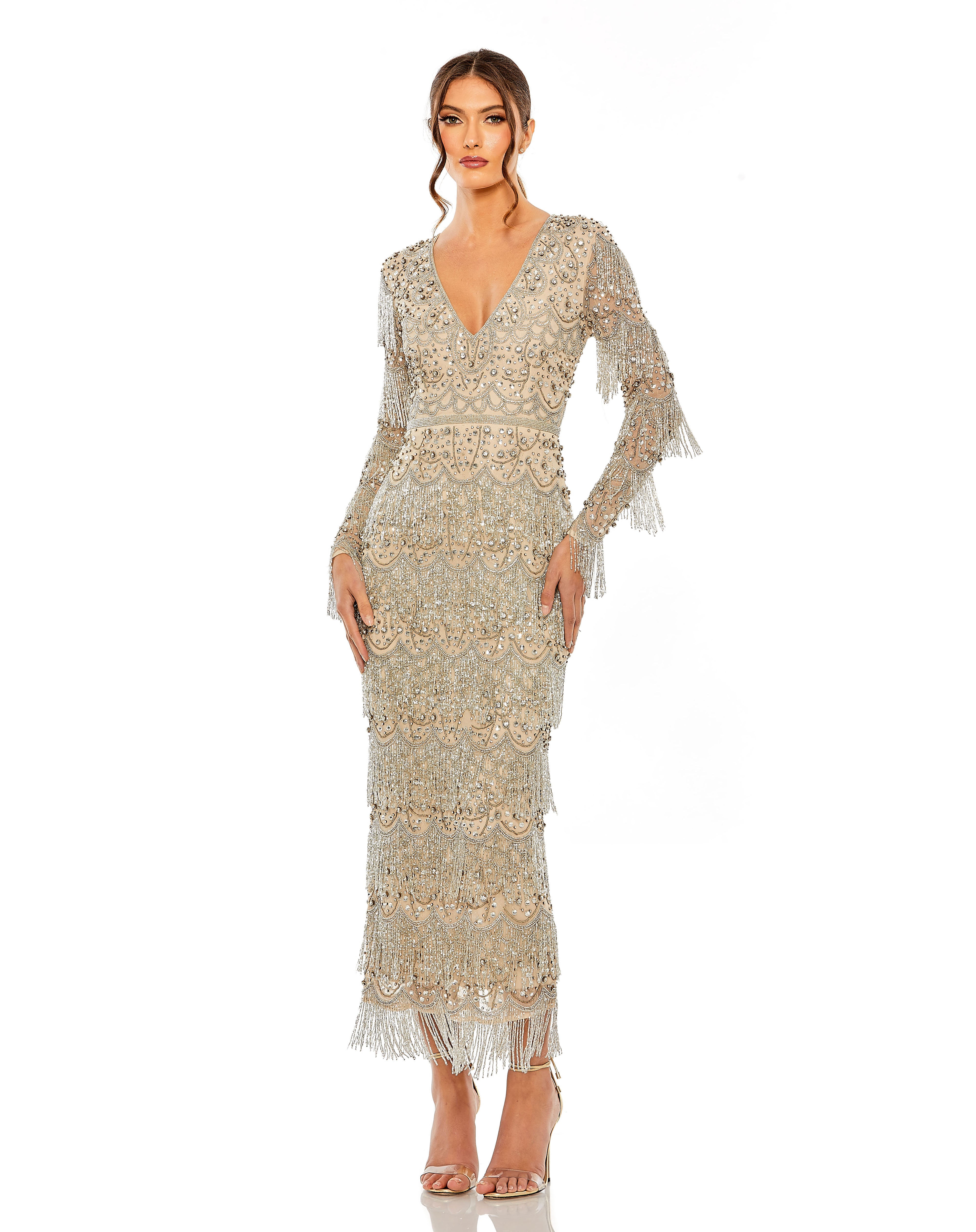 Nude Silver Mac Duggal 93861 Beaded Fringe Midi Length Cocktail Dress for  $1407.95 – The Dress Outlet