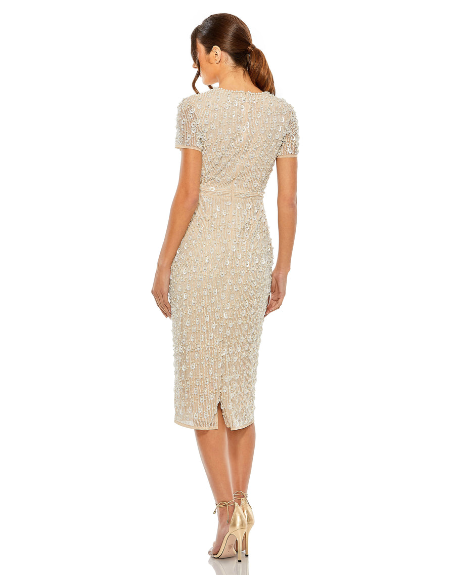 Cocktail Dresses Pearl Beaded Cocktail Tea Length Dress Nude