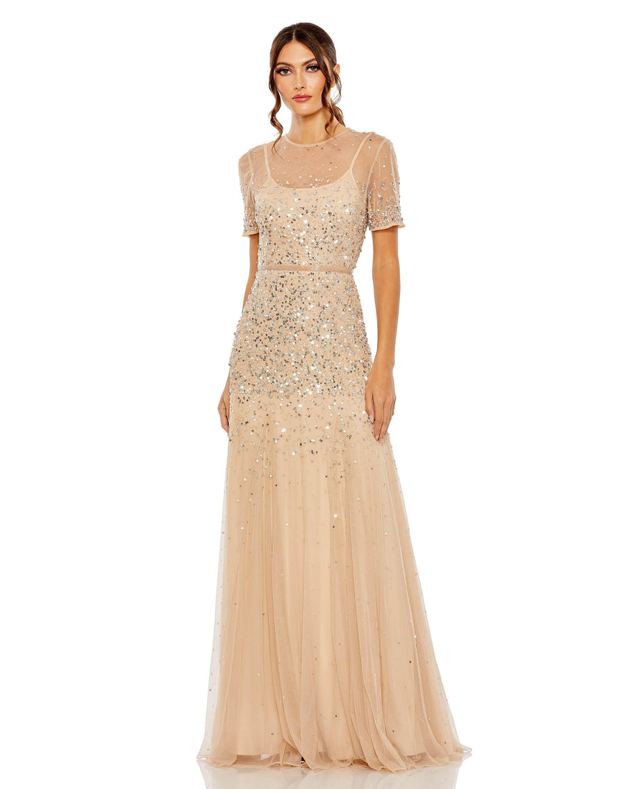 Formal Dresses Long Formal Beaded Evening Gown Nude Silver