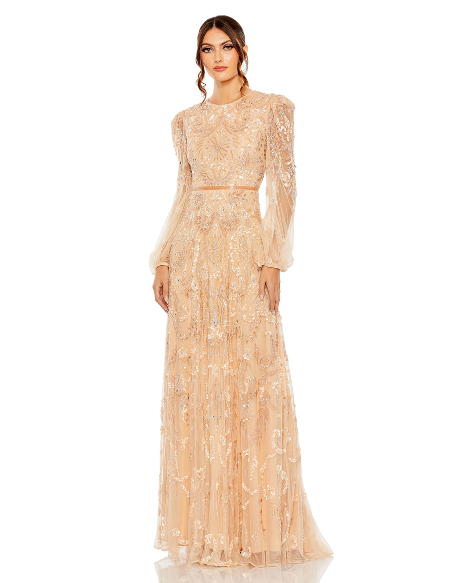 Formal Dresses Beaded Long Sleeve Fitted Formal Evening Gown Champagne