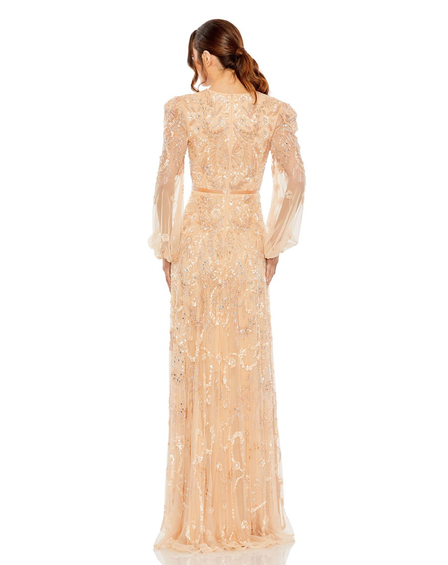 Formal Dresses Beaded Long Sleeve Fitted Formal Evening Gown Champagne