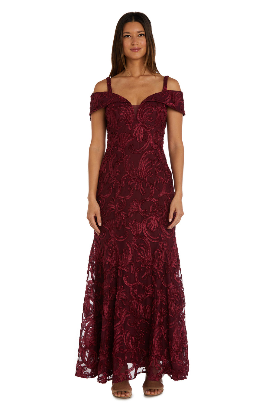 Formal Dresses Embroidered Long Godet Dress Merlot