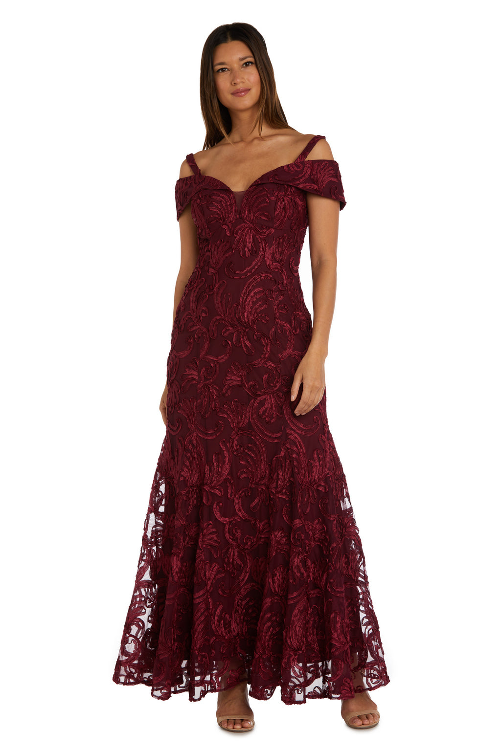 Formal Dresses Embroidered Long Godet Dress Merlot