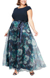 Formal Dresses Plus Size Floral Printed Organza Skirt Long Dress Navy Multi