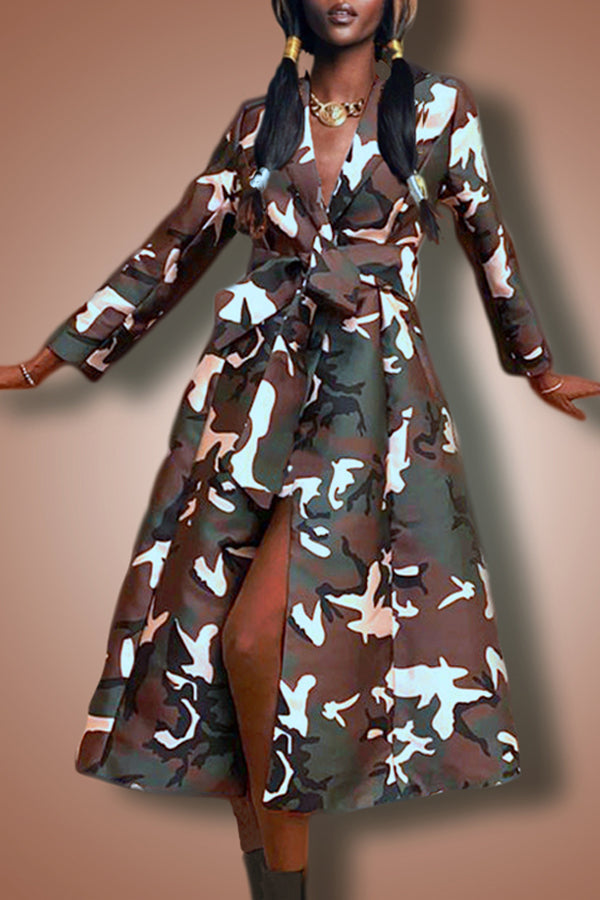 Cocktail Dresses Long Sleeve Collared Camouflage Midi Dress Camouflage