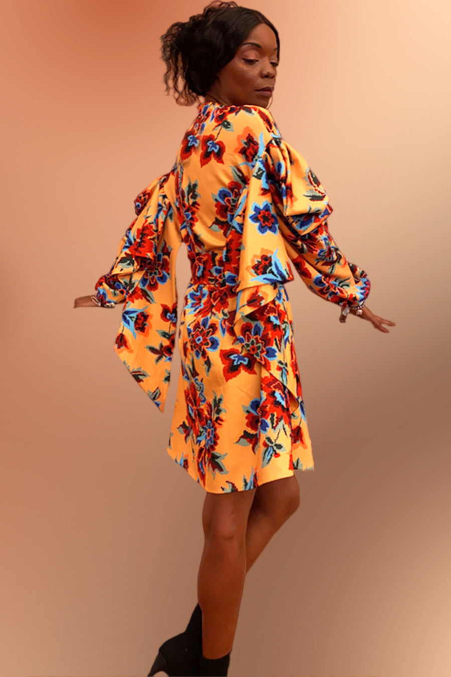 Cocktail Dresses Long Sleeve Floral Print Short Dress Multi