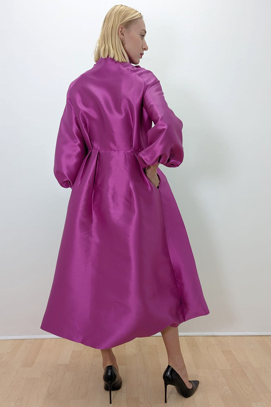 Formal Dresses Long Sleeve Button Down Pockets Midi Dress Magenta