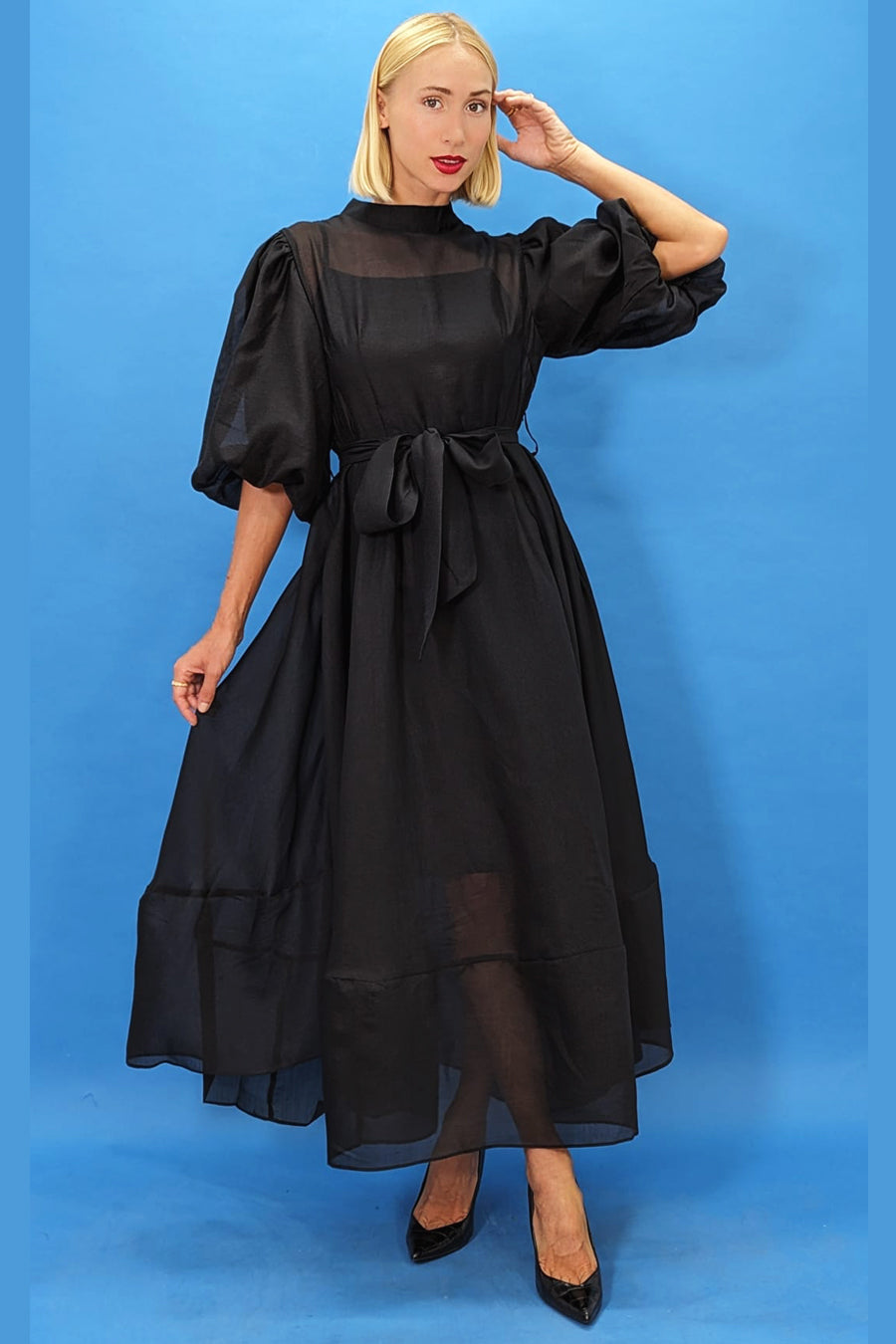 Formal Dresses Puff Sleeve Wrap Belt Layered Long Dress Black