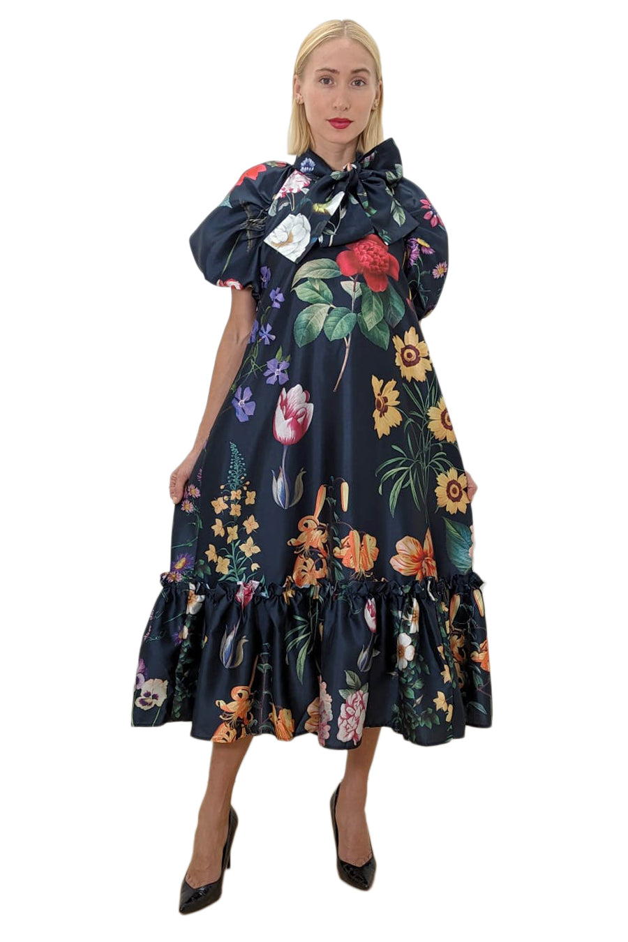 Cocktail Dresses Puff Sleeve Floral Print Midi Dress Navy Multi