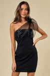 Cocktail Dresses Short One Shoulder Organza Ribbon Mini Dress Black