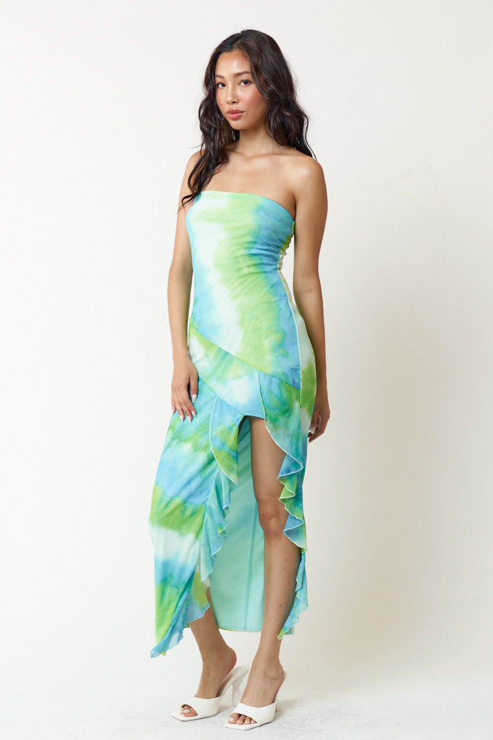 Cocktail Dresses Strapless Printed Ruffle Midi Dress Green Blue