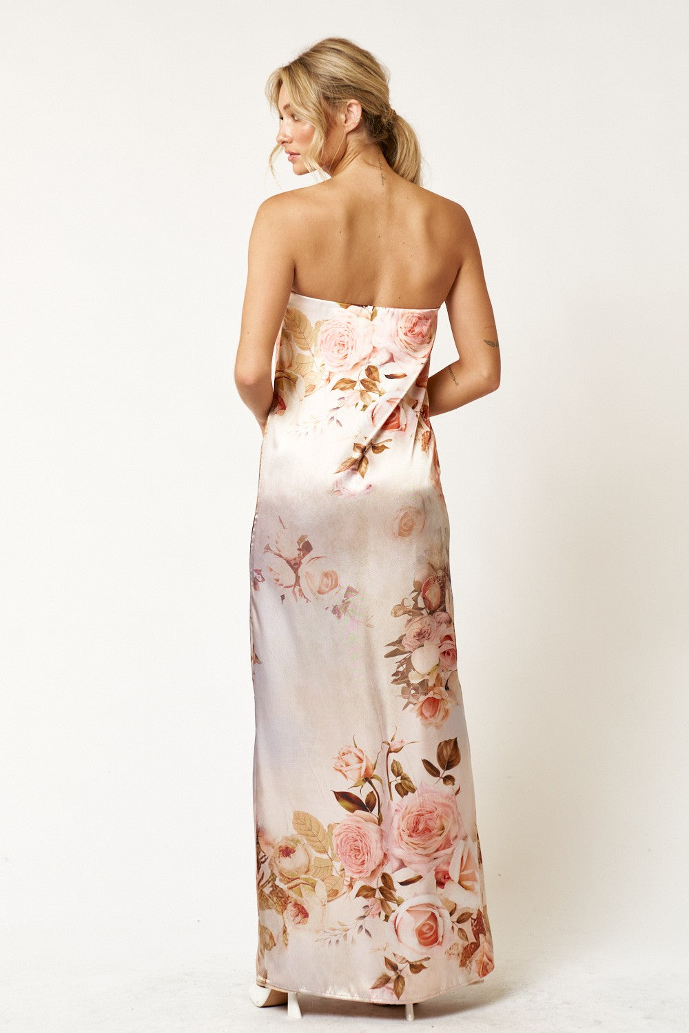 Formal Dresses Long Strapless Flower Printed Satin Dress Taupe