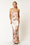 Formal Dresses Long Strapless Flower Printed Satin Dress Taupe