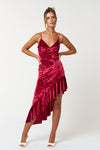 Cocktail Dresses High Low Spaghetti Strap Ruffled Velvet Dress Red