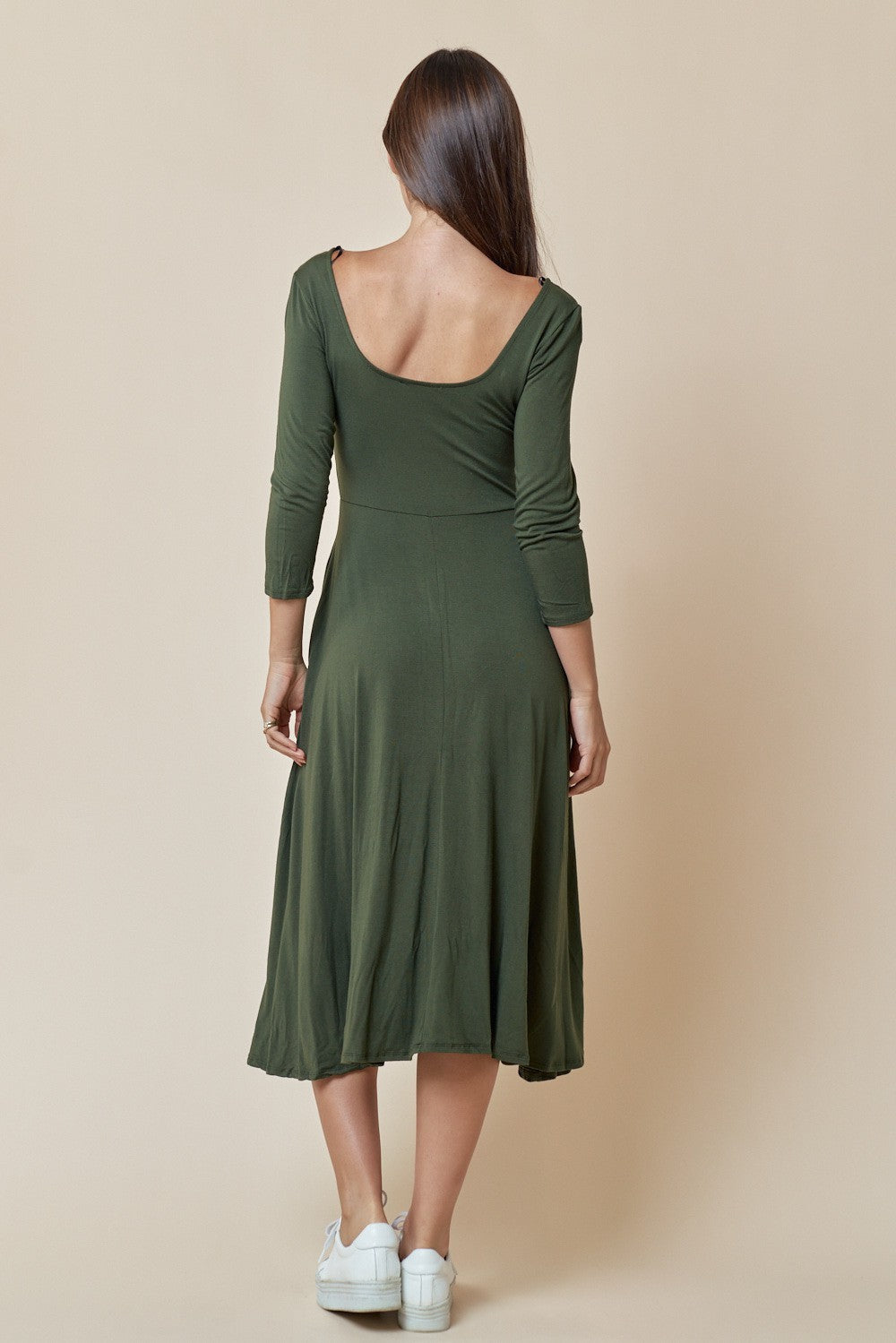 Cocktail Dresses Long Sleeve Square Neck Skater Pocket Midi Dress Olive