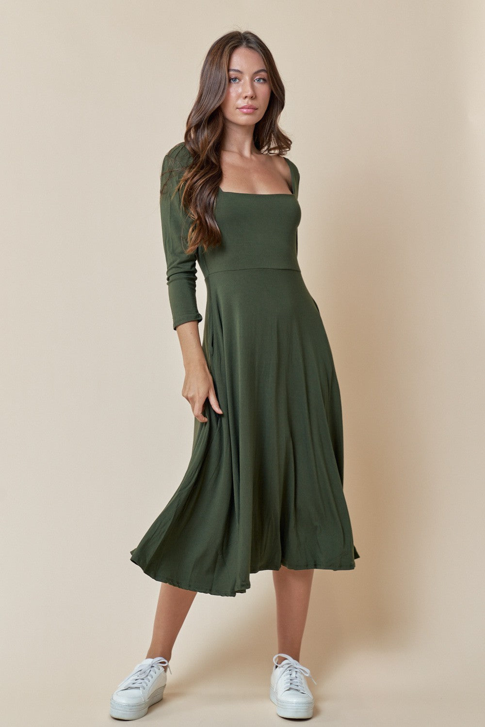 Cocktail Dresses Long Sleeve Square Neck Skater Pocket Midi Dress Olive