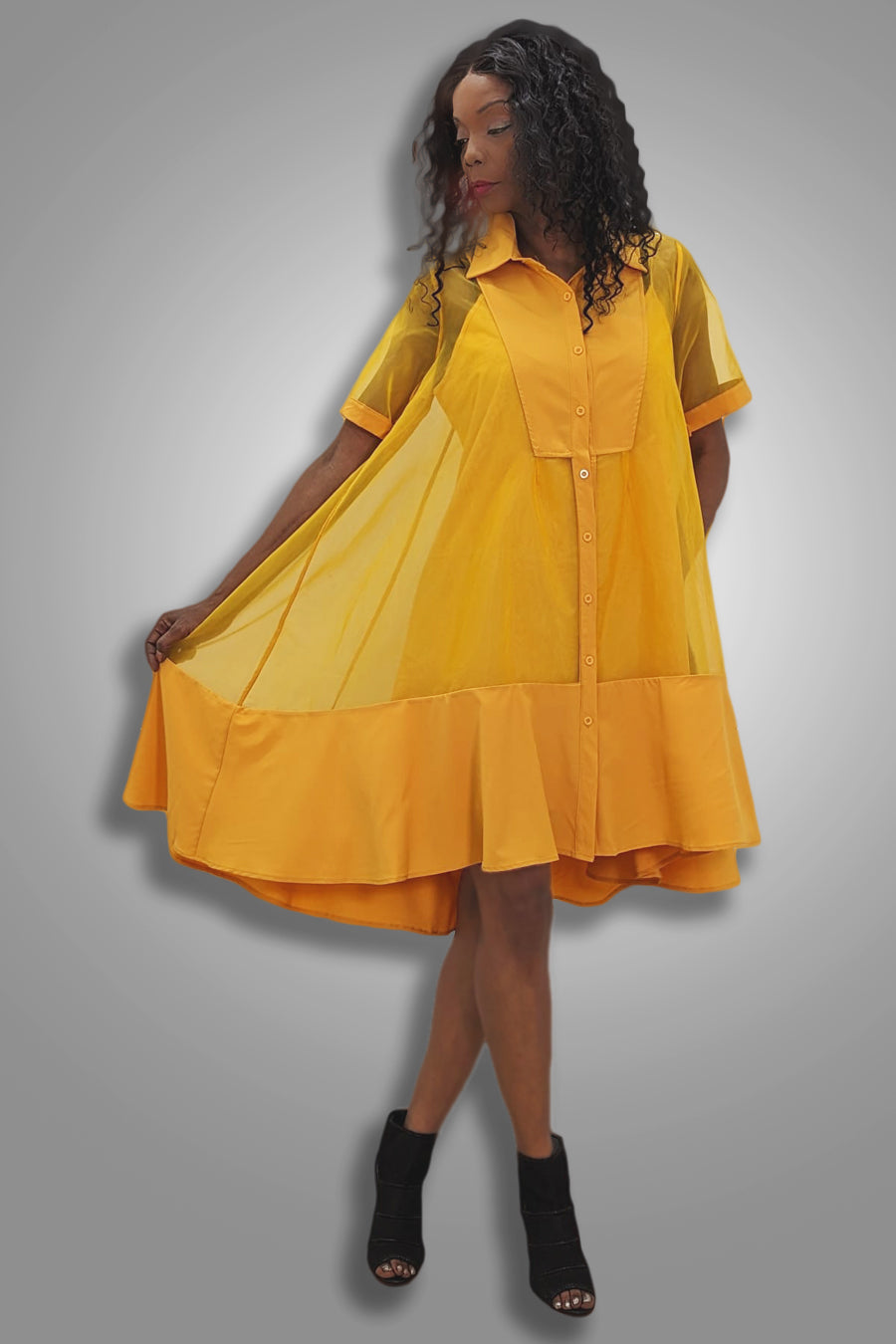 Cocktail Dresses Short Sleeve Hi Low Button Down Chiffon Dress Mustard