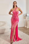 Mother of the Bride Dresses Sparkling One Shoulder Long Prom Dress Hot Pink