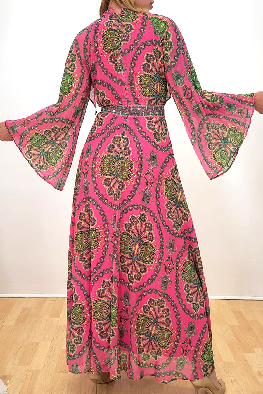 Formal Dresses Long Sleeve Pleated Printed Chiffon Dress Pink