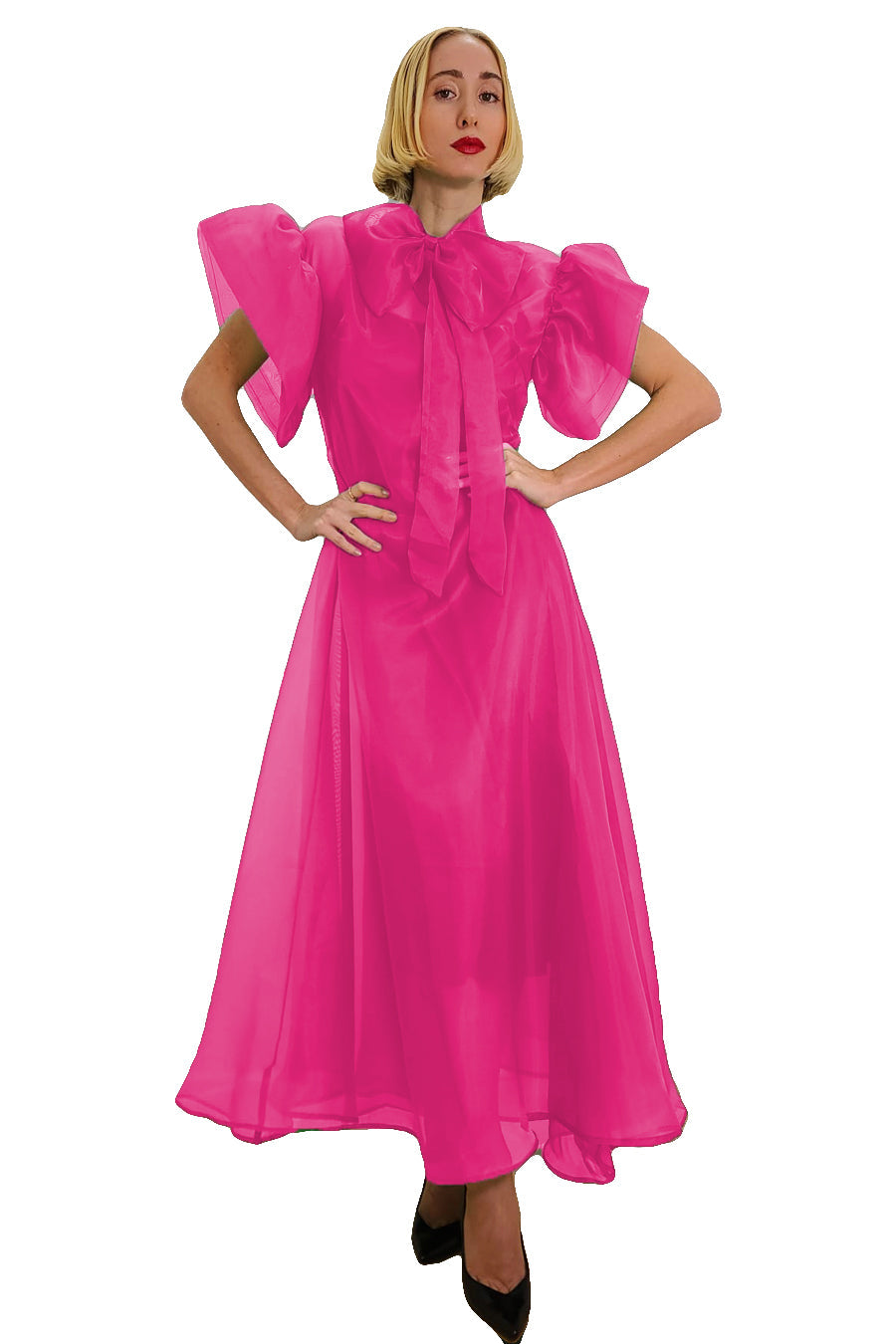 Formal Dresses Flutter Sleeve Chiffon Ribbon Long Dress Pink