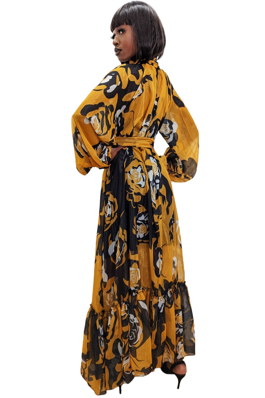 Formal Dresses Long Sleeve Printed Wrap Belt High Neck Dress Black Yellow